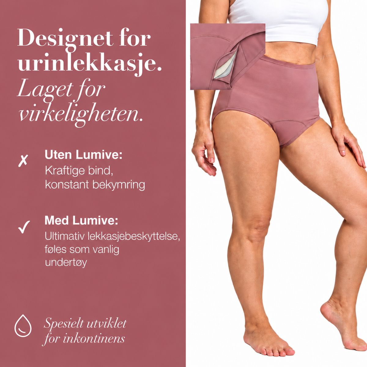LUMIVE-truse med høyt liv, utviklet for urinlekkasje