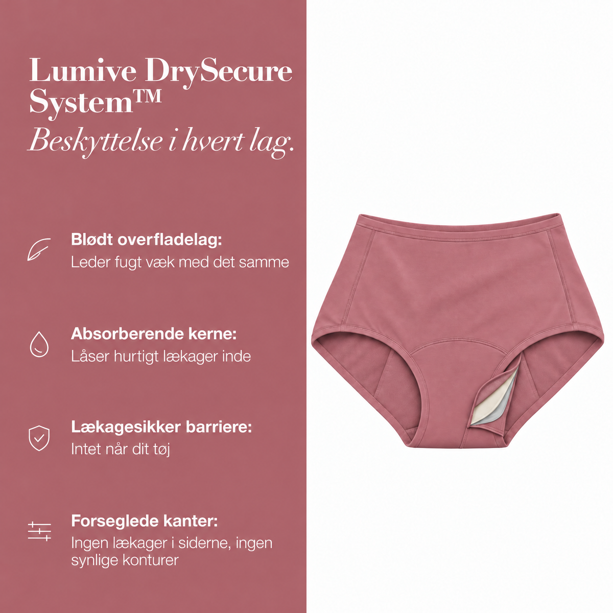 Innsiden av LUMIVE DrySecure-systemet: mykt innerlag, absorberende kjerne og lekkasjesikker barriere