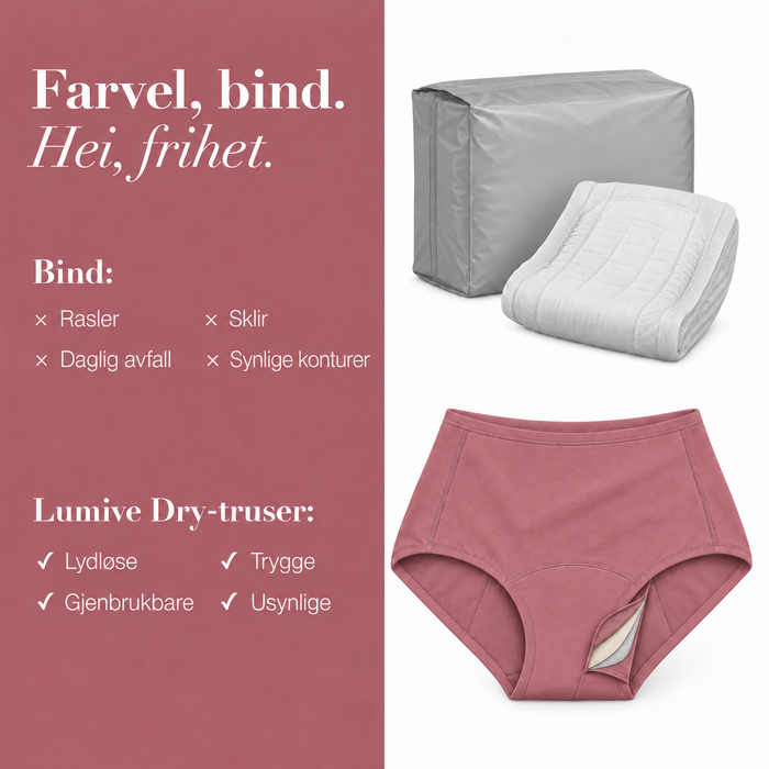 Gjenbrukbar LUMIVE-truse sammenlignet med engangsbind